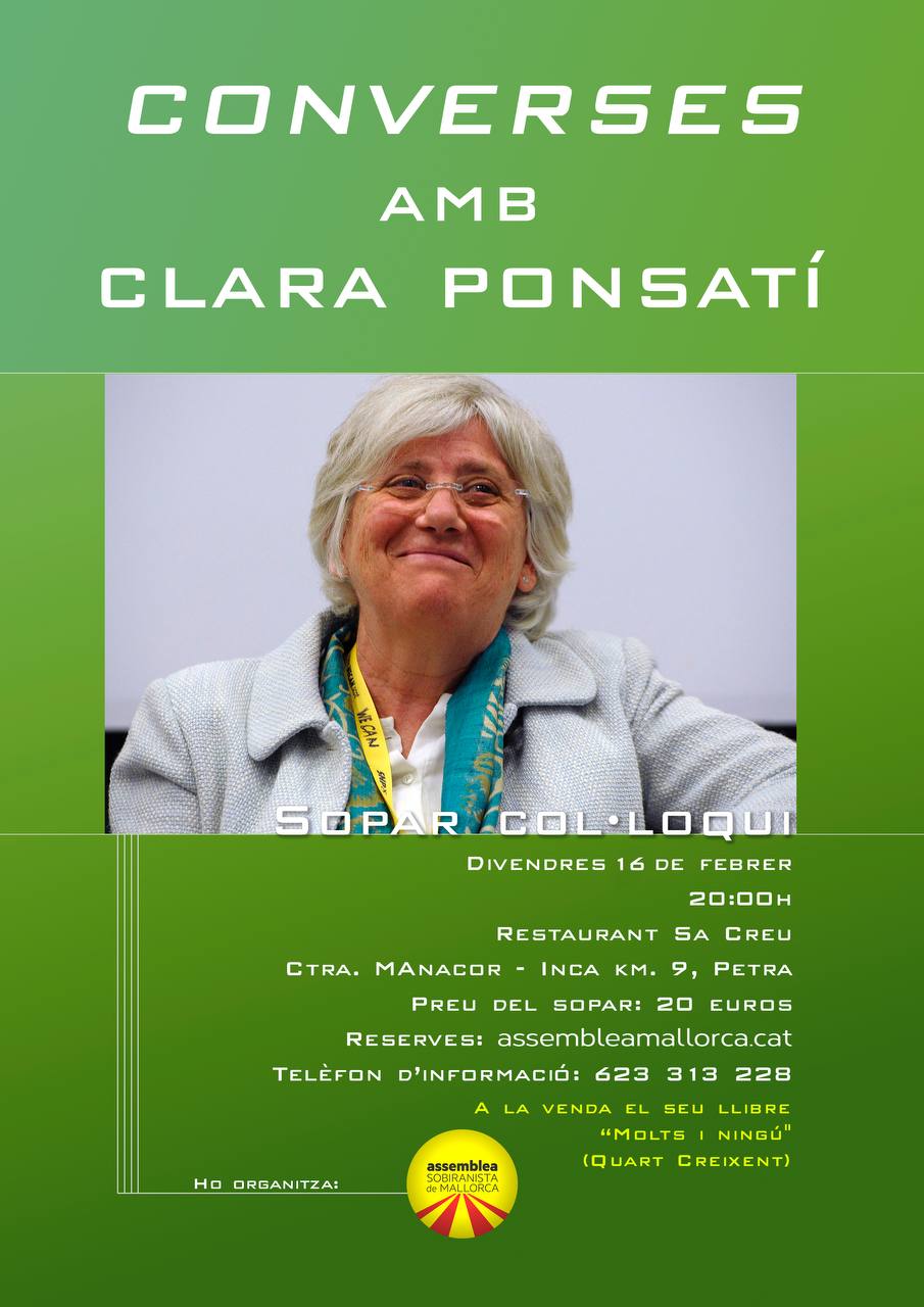 Sopar col·loqui amb Clara Ponsatí divendres 16 de febrer de 2024